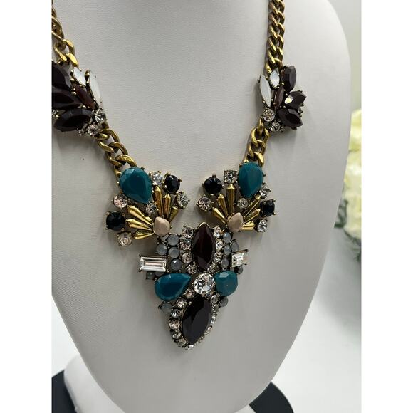 J. Crew Vintage Art Deco Blue Brown Rhinestone Stacked Statement Necklace - Picture 8 of 10